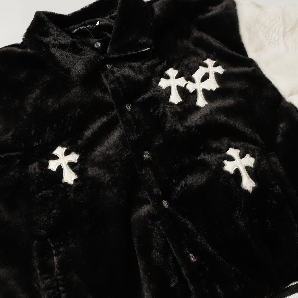 Chrome-Hearts Faux Fur Cross Varsity Jacket - Black White Gothic Streetwear 035